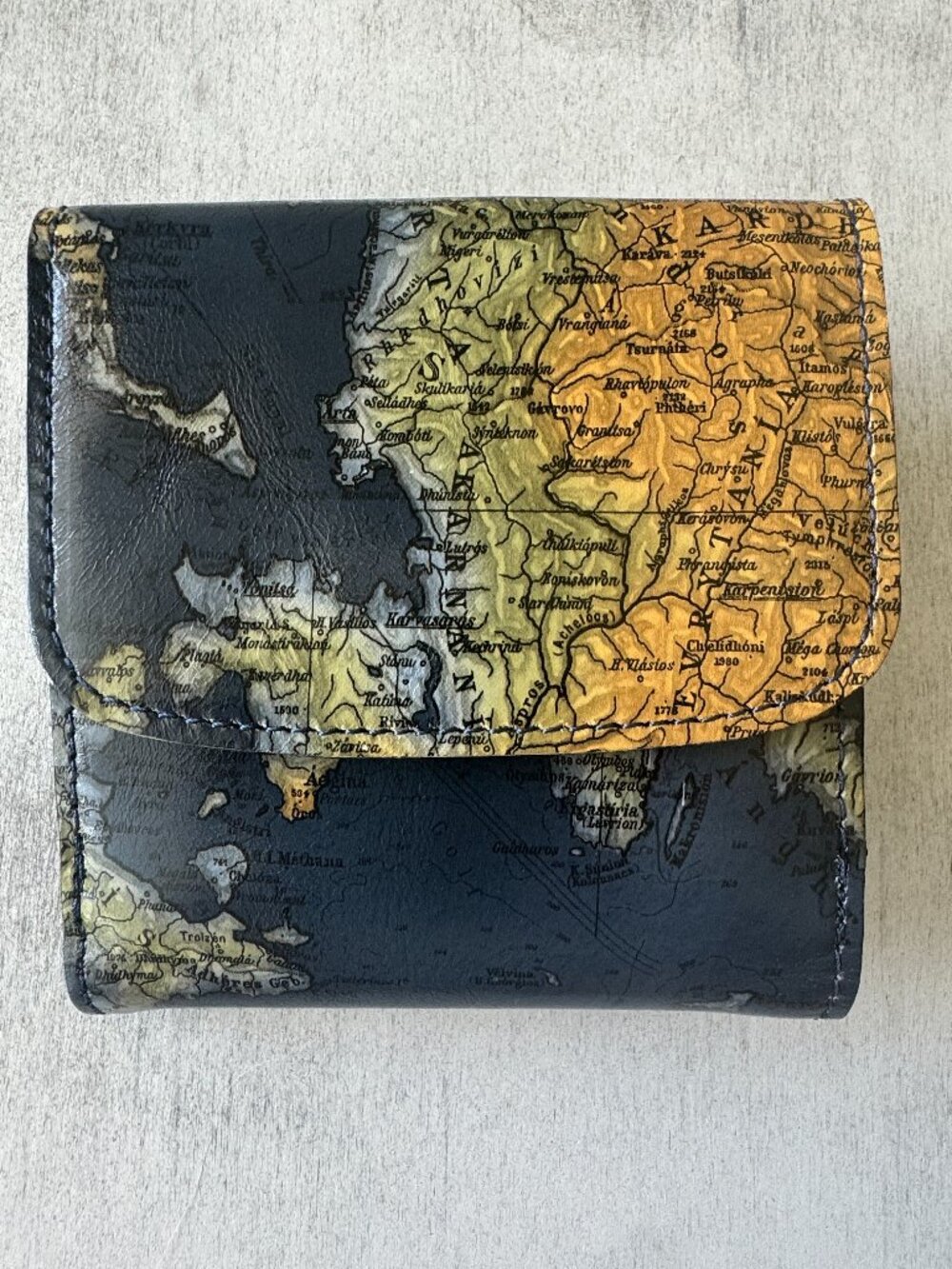 Patricia Nash Astra Greek Map Folding Artistic Leather RFID Wallet Blue Tan